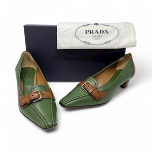 NEW Vintage Prada 90s Y2K Green Brown Buckle Kitten Heels Pumps Shoes 37 7